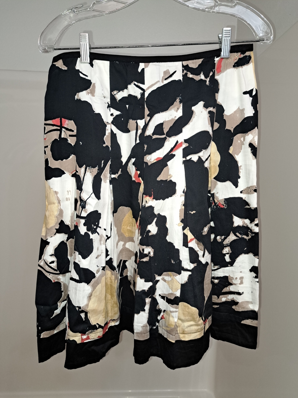 Abstract Black and Cream Midi Skirt with Gold and Red Accents